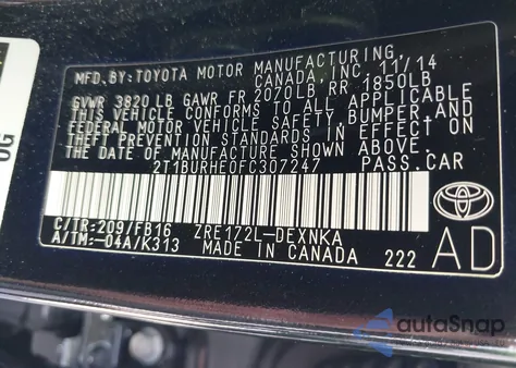 2015 Toyota Corolla Le Plus z USA, uszkodzony, nr VIN 2T1BURHE0FC307247